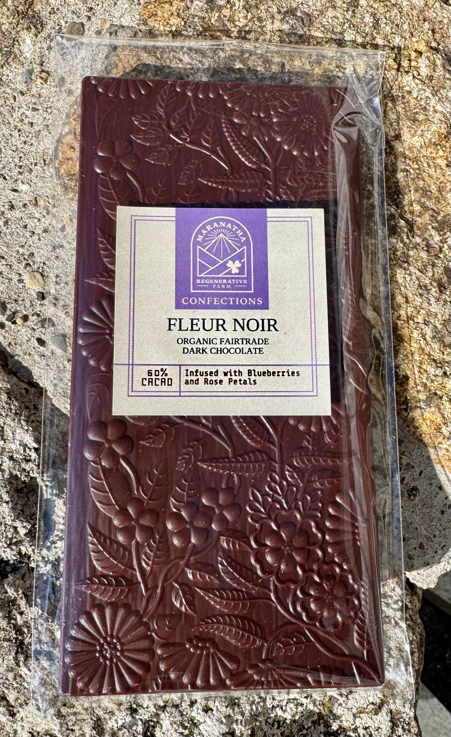 Fleur Noir — Organic Fair Trade French Dark Chocolate Bar with Blueberries and Rose Petals
