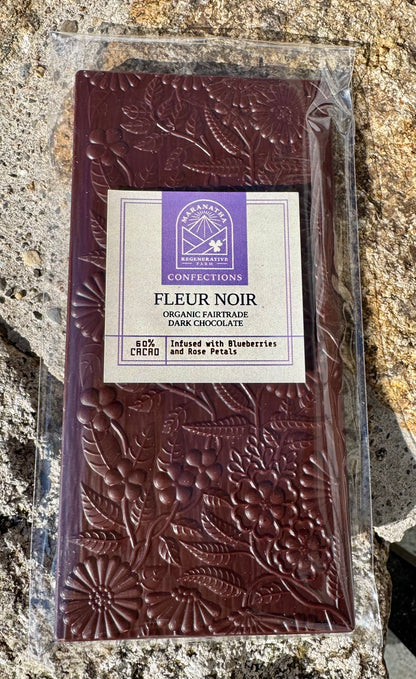 Fleur Noir — Organic Fair Trade French Dark Chocolate Bar with Blueberries and Rose Petals